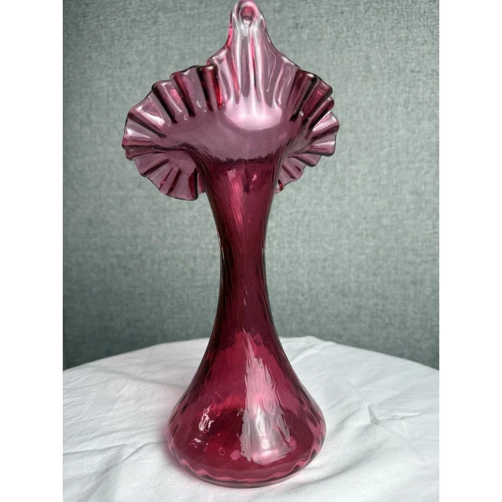 Fenton Cranberry Pink Glass Jack in The Pulpit Ruffle Edge Vase 11 In Tall - Picture 4 of 7